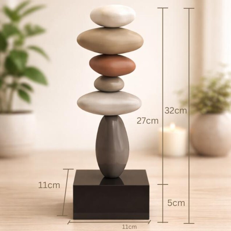 May include: A decorative sculpture of stacked, oval-shaped stones in shades of white, tan, and brown, balanced atop a dark gray, oblong base. The sculpture is 12.6 inches tall and 4.3 inches wide. The base is 4.3 inches square and 2 inches tall.