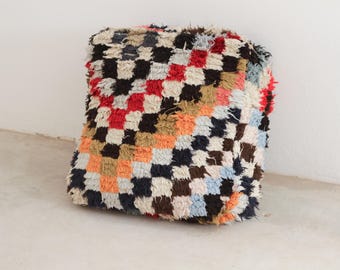 Fodera per pouf marocchino fatta a mano – Pouf berbero a scacchiera colorata – Cuscino da pavimento vintage – Decorazione boho marocchina – Pouf senza imbottitura
