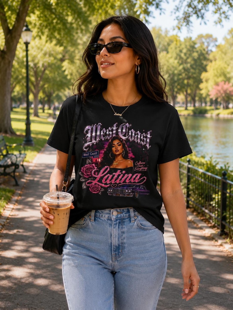 West Coast Latina Graphic Tee, Chicana Streetwear, Lowrider Style Shirt image 1