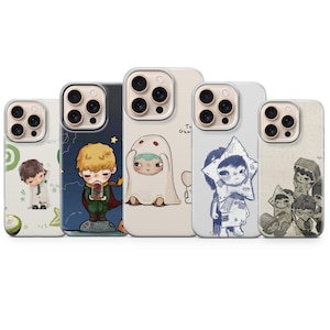 May include: Five phone cases with unique illustrations. Designs include a figure in a white suit, a character holding a rose, a ghost, a figure with a star, and a group of figures. Each case has a clear border and a camera cutout.