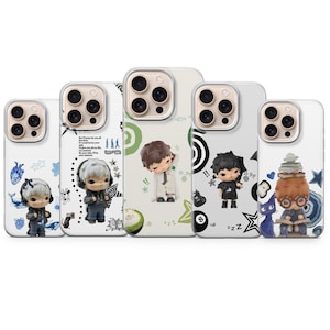 May include: A collection of five phone cases, each featuring a unique design with small figurines. The cases are white with various illustrations, including hearts, musical notes, and abstract patterns. The figurines depict stylized characters in different poses.