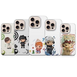 May include: Five white phone cases with unique character designs. Each case features a different figurine, including a figure in a suit, a figure with black hair, a figure with a beanie, a figure with headphones, and a figure in a hat.