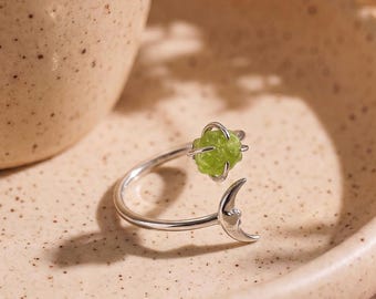 Minimalist Moon & Raw Natural Stone Adjustable Rings, Silver Peridot Ring, Amethyst Sunstone Rings for Women, Gemstone Ring, Gift for Her