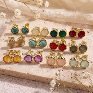 Pendientes de botón de piedra natural chapados en oro de 18k, pendientes redondos de piedras preciosas, joyería de cuarzo rosa y amatista