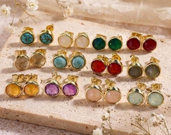 18k Gold Plated Natural Stone Stud Earrings, Round Gemstone Studs, Amethyst Rose Quartz Jewelry