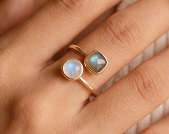 925 Silver Geometric Double Natural Stone Rings, Labradorite Adjustable Ring, Moonstone Ring for Women, Birthday Gift, Gift for Her
