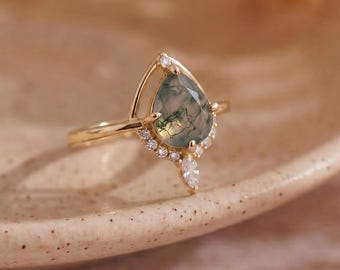 925 Silver Natural Moss Agate Rings for Women, Natural Stone Claw Ring,  Diamond Paved Gemstone Ring, Adjustable Rings, Birthday Gift