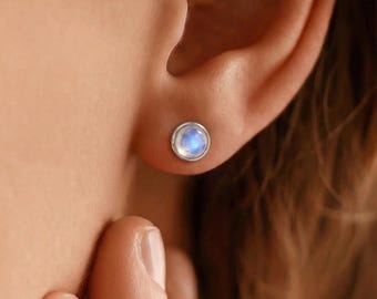 Silver Plated Round Natural Moonstone Stud Earrings, Moonstone Earring for Women, Gemstone Jewelry