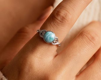 Elegant Round Larimar 925 Silver Rings, Natural Stone Ring for Women, Gemstone Ring, Adjustable Ring, Silver Ring, Birthday Gift for Her
