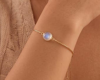18k Gold Plated Round Moonstone Charm Bracelets, Moonstone Adjustable Bracelets, Gemstone Bracelet, Women Bracelet, Gift for Her