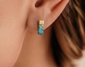 Unique Rectangular 18k Gold Turquoise Stud Earring, Gold-line Turquoise Earrings for Women, Gemstone Earrings, Birthday Gift, Gift for Her