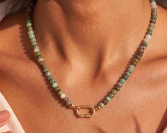 Simple Natural Chrysoprase Necklace, 18k Gold Natural Stone Beaded Necklaces, Gemstone Necklace for Women, Turquoise Necklace, Gift for Her