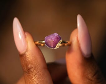18k Gold Raw Natural Stone Ring, Ruby Ring for Women, Amethyst Citrine Rings, Gemstone Ring, Birthstone Ring, Birthday Gift, Gift for Her