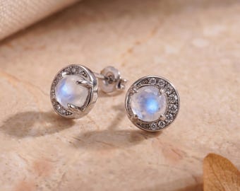 Elegant Round Moonstone 925 Silver Stud Earrings, Diamond Paved Natural Stone Earring, Moonstone Jewelry, Birthday Gift, Gift for Her