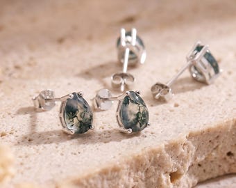 925 Silver Drop Moss Agate Stud Earrings for Women, S925 Natural Stone Earring, Gemstone Earrings for Women, Anniversary Gift, Gift for Her