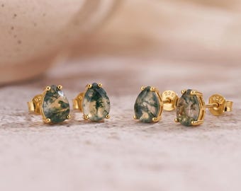 Dainty 925 Silver Drop Moss Agate Stud Earrings, 18k Gold Natural Stone Earring, Gemstone Earrings for Women, Birthday Gift, Gift for Her