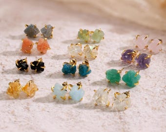 Unique 18k Gold Raw Natural Stone Stud Earrings, Sunstone Earrings, Peridot Amethyst Earrings, Gemstone Earrings  for Women, Birthday Gift