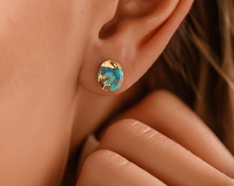 18k Gold Oval Shape Natural Turquoise Stud Earring, Gold-line Turquoise Earrings, Gemstone Earrings for Women, Birthday Gift, Gift for Her