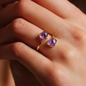 Raw Natural Stone Adjustable Ring, 18k Gold Plated Copper Band, Gemstone Jewelry