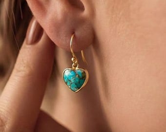 18k Gold Plated Heart Gemstone Dangle Earrings, Rose Quartz Amethyst Moonstone Turquoise Jewelry