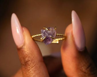 18k Gold Plated Raw Gemstone Adjustable Ring, Amazonite Aquamarine Ring, White quartz Ring, Natural Stone Ring for Women, Gift for Her