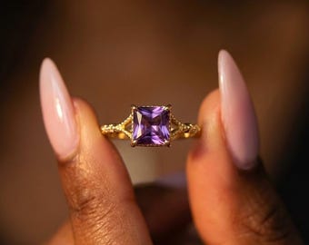 Unique 925 Silver Square Amethyst Rings, 18k Gold Gemstone Rings for Women, Natural Stone Adjustable Ring, Anniversary Gift, Gift for Her
