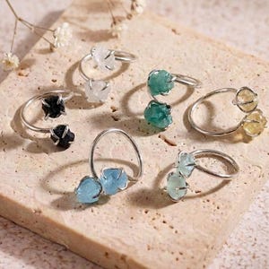 Double Raw Gemstone Adjustable Rings, Silver Aquamarine Rings, Sunstone Rose Quartz Ring for Women, Natural Stone Jewelry, Gift for Her