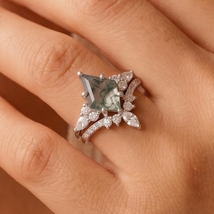 Kite Shape Moss Agate 925 Silver Rings Set for Women, Natural Moss Agate Diamond Ring, Gemstone Ring, Wedding Ring Set, Gift for Her