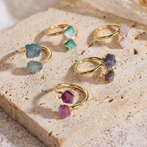 Raw Natural Stone Adjustable Ring, 18k Gold Plated Copper Band, Gemstone Jewelry