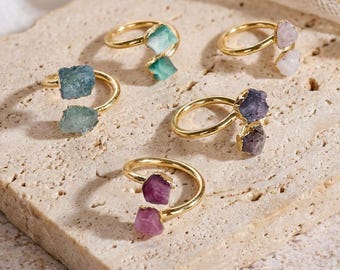 Minimalist Raw Natural Stone Adjustable Ring, 18k Gold Double Gemstone Rings for Women, Ruby Aquamarine Rings, Amethyst Rose Quartz Rings