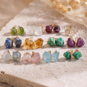 Raw Natural Stone Stud Earrings, 18k Gold Plated Aquamarine, Labradorite, Rose Quartz, Emerald