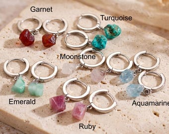 Silver Plated Raw Natural Stone Hoop Earrings, Amethyst Earring, Aquamarine Earring for Women, Rose Quartz Turquoise Drop, Gift for Her