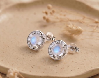 925 Silver Round Moonstone Stud Earrings, Diamond Earring, Natural Stone Earring for Women, Moonstone Jewelry, Birthday Gift