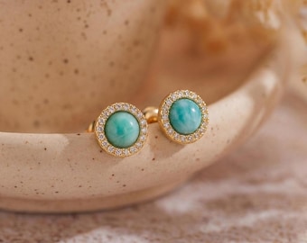 18k Gold Plated Larimar Stud Earrings, Zirconia Gemstone Jewelry