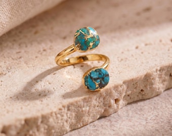 18k Gold Plated Copper Turquoise Adjustable Rings, Natural Turquoise Ring for Women, Gold Line Turquoise Rings, Women Ring, Birthday Gift