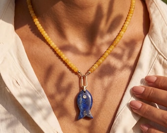 Natural Stone Beaded Necklace with Fish Pendant, Gemstone Necklace for Women, Amethyst Fish Necklace, Lapis Lazuli Pendant, Beach Necklace