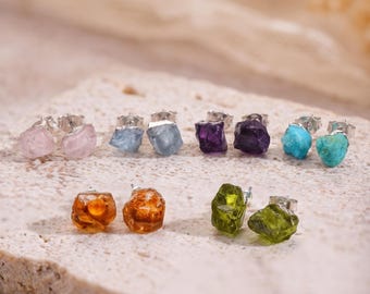 Minimalist Raw Natural Stone Stud Earrings, Silver Aquamarine Earrings, Amethyst Earring for Women, Turquoise Gemstone Studs, Gift for Her
