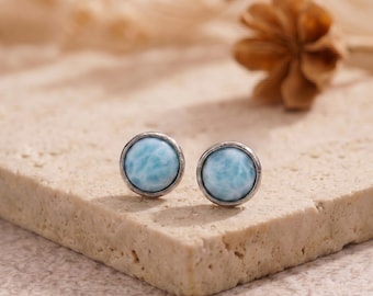 Simple 925 Silver Round Natural Larimar Stud Earrings, Gemstone Earring, Natural Stone Studs, Silver Earrings, Women Earring