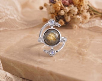 925 Silver Round Labradorite Moonstone Adjustable Ring, 10mm Labradorite Rings for Women, Moonstone Jewelry, Healing Natural Stone Rings
