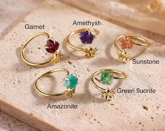 Lotus & Raw Natural Stone Adjustable Rings, 18k Gold Aquamarine Ring, Amethyst Rose Quartz Ring for Women, Sunstone Ring, Gift For Her