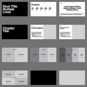 以下が含まれることがあります： 黒と白のデジタルデザインモックアップのコレクション。デザインには、「Deck Title Multiple Lines」、「Contents」、「Chapter Title」、「Lorem Ipsum」などのテキスト要素が含まれています。レイアウトは、リストやテキストブロックなど、さまざまです。