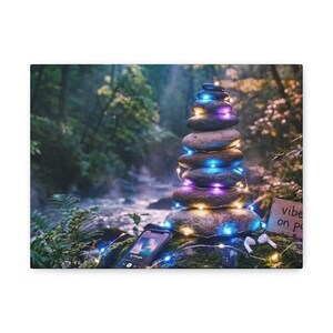 May include: A canvas print featuring a stack of stones illuminated with blue and purple lights. A smartphone and wireless earbuds rest nearby. The background shows a river and lush forest.
