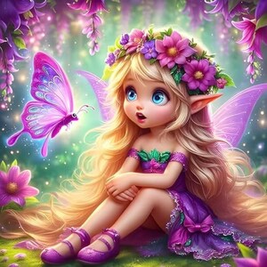 Peut inclure: Une fée aux longs cheveux blonds et aux yeux bleus porte une robe violette et une couronne de fleurs. La fée a des oreilles pointues et des ailes violettes translucides. Un papillon rose et violet vif vole à proximité parmi des fleurs violettes.