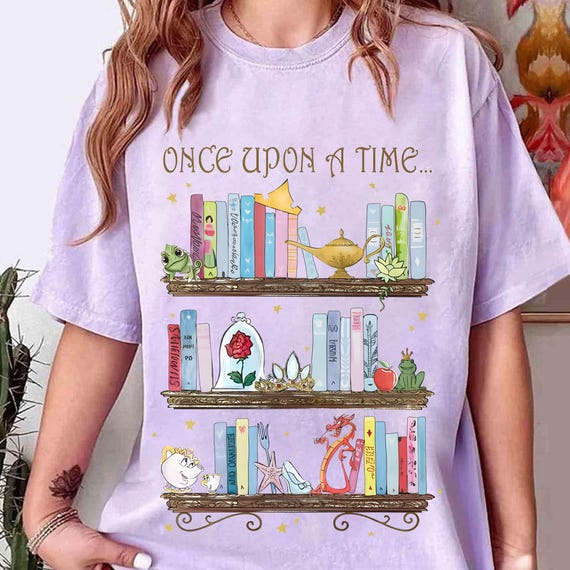 Disney Bookshelf Princess Watercolor Once Upon A Time PNG, Belle Tiana Mulan Tiana Shirt, Belle's Library Tee, Gift For Book Lover PNG