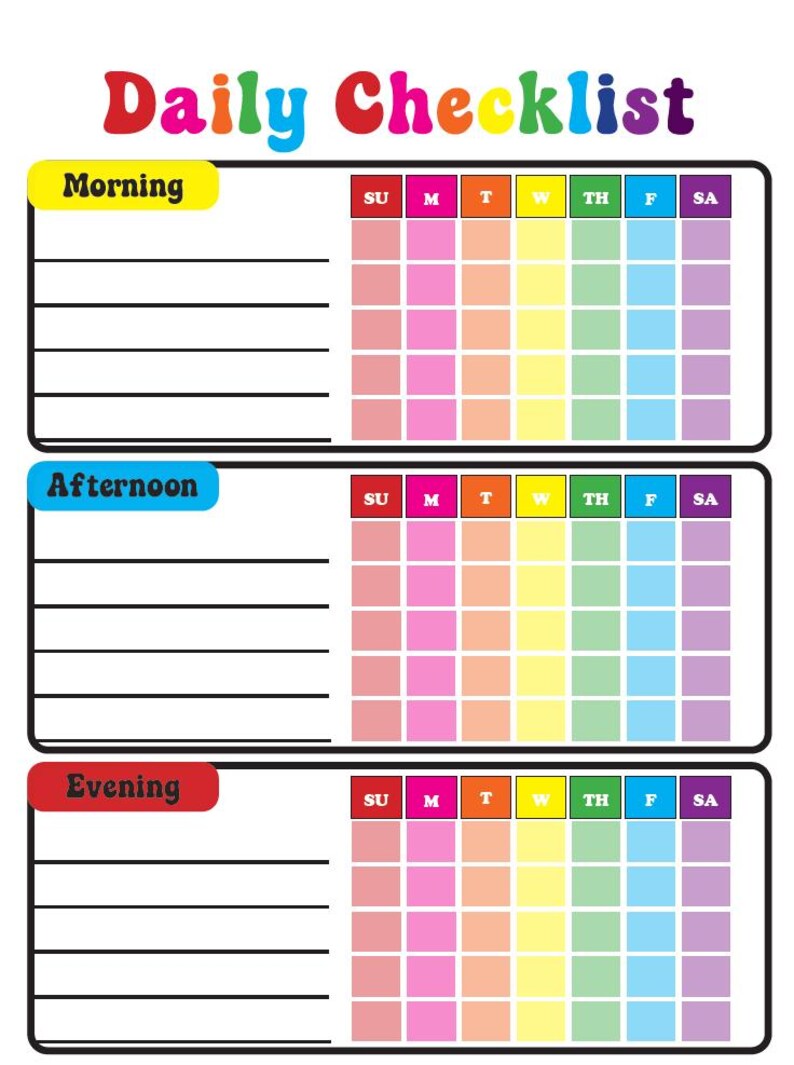 Kid's Daily Checklist Chart – Editable Chore Chart Printable (PDF) - 3 ...