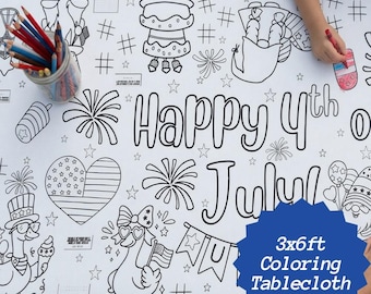 Mantel para actividades del 4 de julio, hoja para colorear imprimible, celebración del Día de la Independencia, entretenimiento infantil para fiestas, descarga de archivo digital