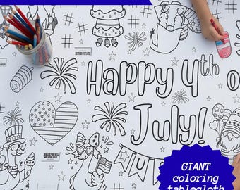 Toalha de mesa para atividades do 4 de julho, para colorir e imprimir, ideal para a celebração do Dia da Independência, para crianças se divertirem na mesa da festa. Baixe o arquivo digital.