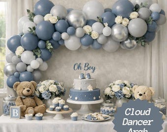 Kit de decoração para chá de bebê azul e prata com guirlanda, arco e arranjo para festa, balões e painel de fundo para aniversariante menino.