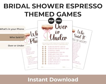 Paquete imprimible de juegos para despedida de soltera, descarga instantánea, temática de café, actividad para bodas, desafío de adivinar quiénes son los novios, búsqueda del tesoro telefónica.