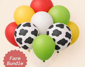 May include: A cluster of colorful balloons, including red, yellow, green, white, and cow-print designs. The balloons are tied together with white string and feature the text "Farm Bundle" on a red starburst-shaped label.